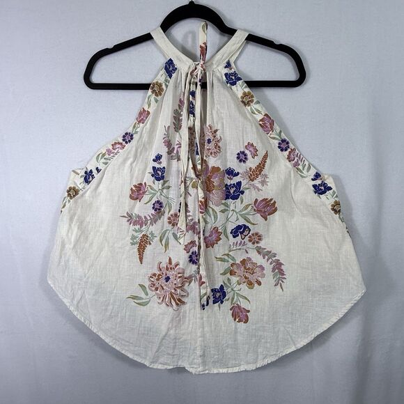 Free People Emily Ivory Floral Print Halter Tie-Back Tank Top Size L Boho Preppy - Picture 2 of 15